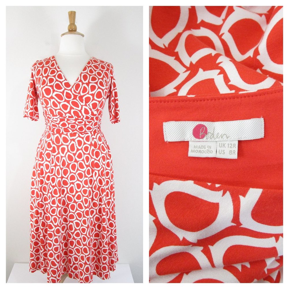 Boden Orange White Kassidy Faux Wrap Midi Dress 12